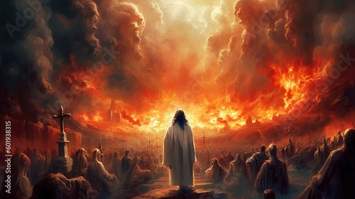 The explosion is caused by a massive, fiery inferno that engulfs the sky, with flames and smoke billowing upwards Generative AI