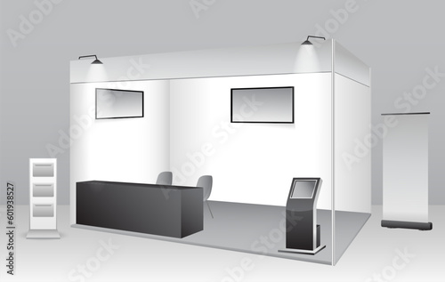 set of realistic trade exhibition stand or white blank exhibition kiosk or stand booth corporate commercial. eps vector
