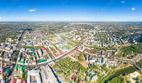 Tambov, Russia. Panorama of the city from the air in summer. Clear weather with clouds. Aerial view