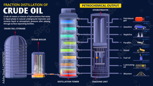 Refining Crude Oil The Process of Fractional Distillation vector infographics design