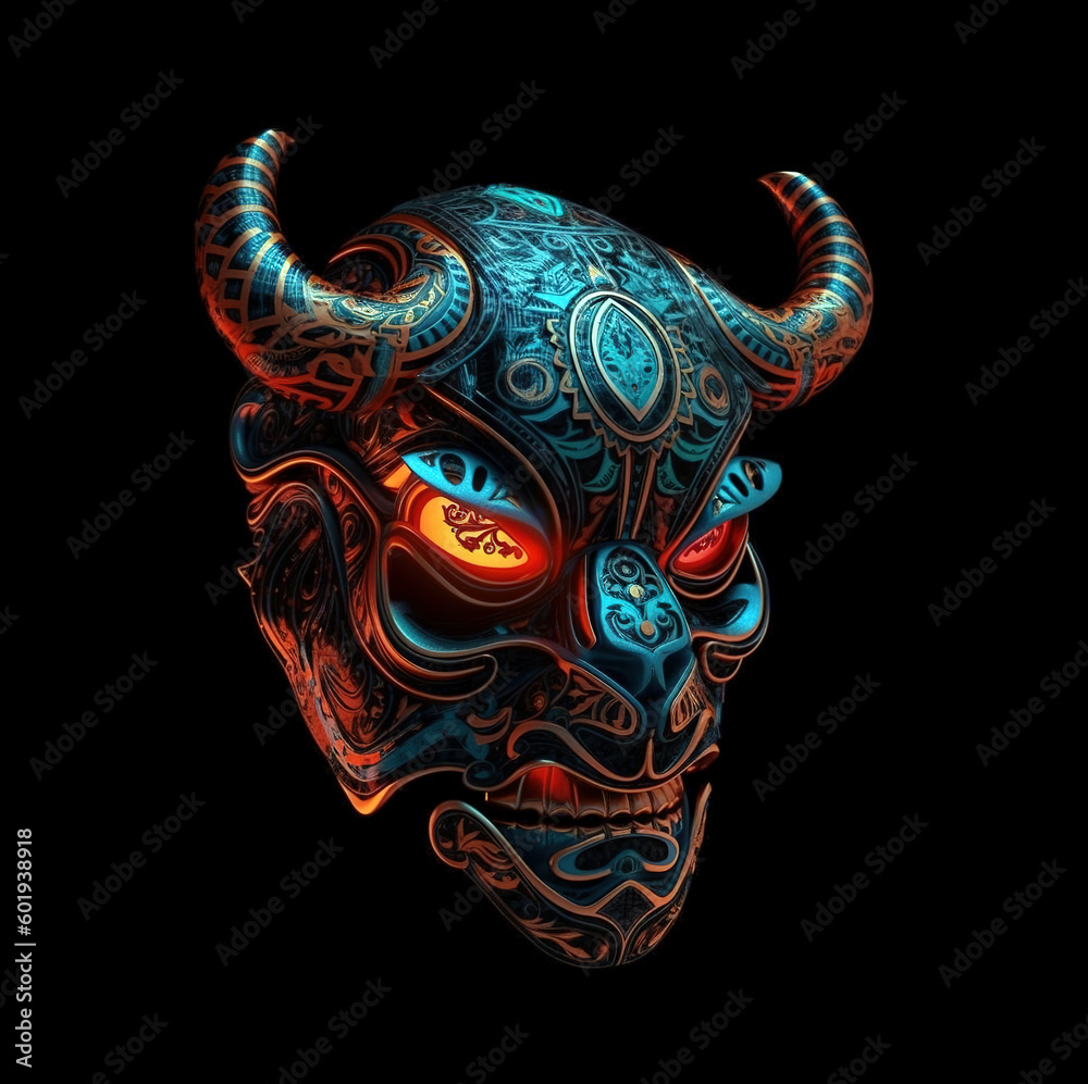 Image of cyberpunk bull mask with colorful patterns on black background. Wildlife Animals. Illustration. Generative AI.