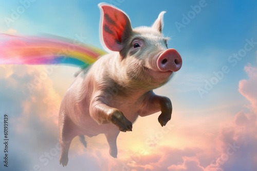 A pig flying through the sky with a rainbow behind it. The pig is wearing a cape and has wings. The sky is a bright blue with clouds. The image is colorful and vibrant.