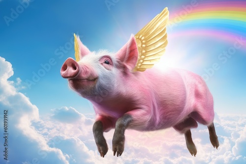 A pig flying in the sky with wings. The pig is pink and has wings that look like they are made of clouds. The sky is blue and there is a rainbow in the background.
