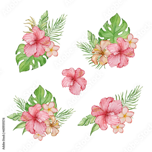 Watercolor tropical illustration with bright tropical leaves and flowers