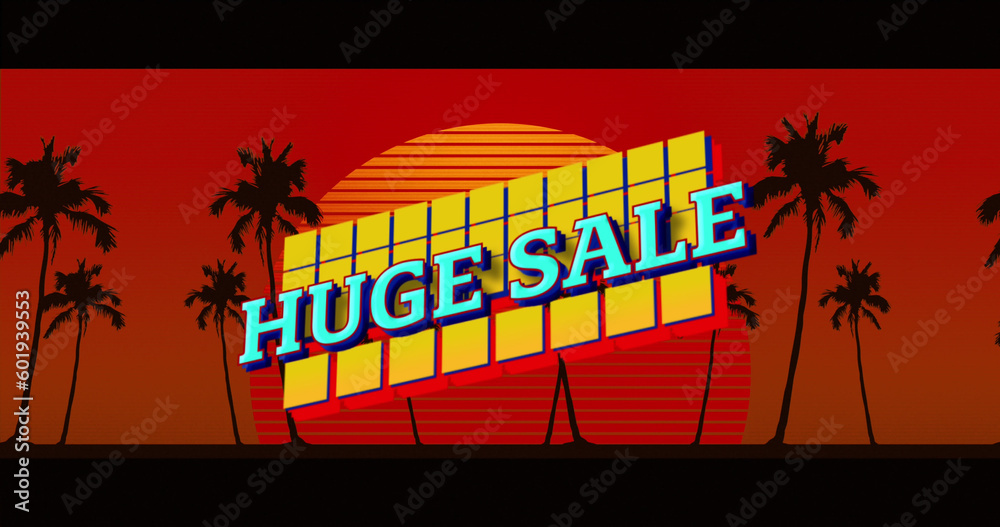 Fototapeta premium Composition of huge sale over sun and palm trees on red background