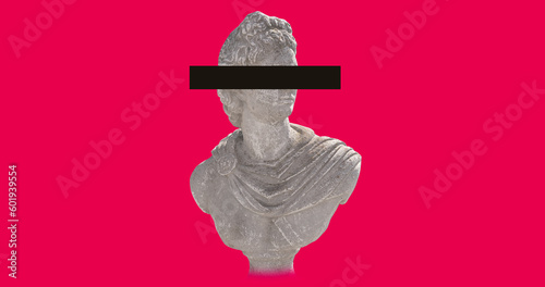 Composition of antique sculpture bust with eyes covered on pink background