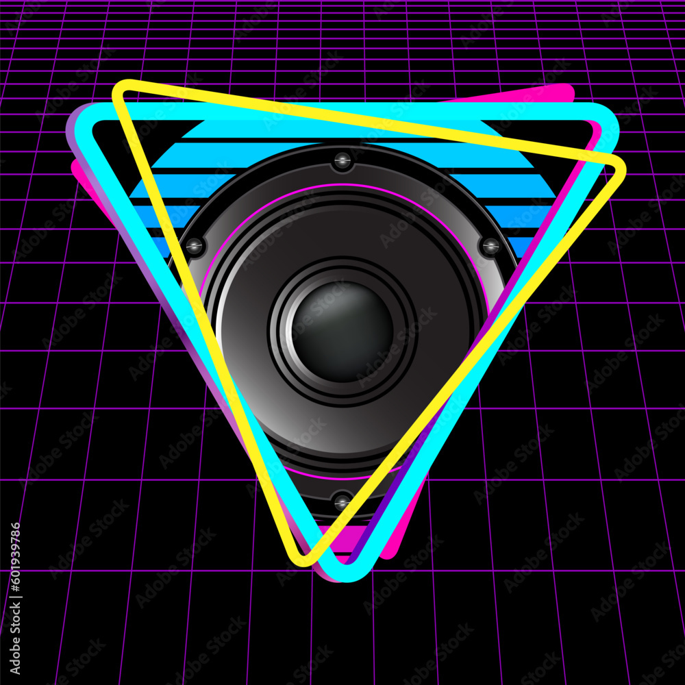 Triangle logo with speakers, cyber laser grid on black background