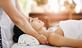 Healing, beauty and massage with woman in spa for wellness, luxury and cosmetics treatment. Skincare, peace and zen with female customer and hands of therapist for physical therapy, salon and detox