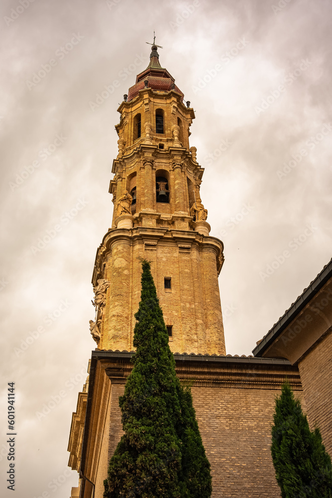 Medieval church tower at sunset in the monumental city of Zaragoza, Spain.