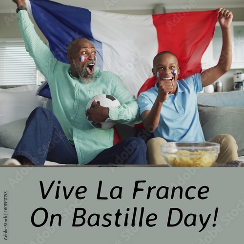 Composition of bastille day text over cheering african american men with football and flag of france