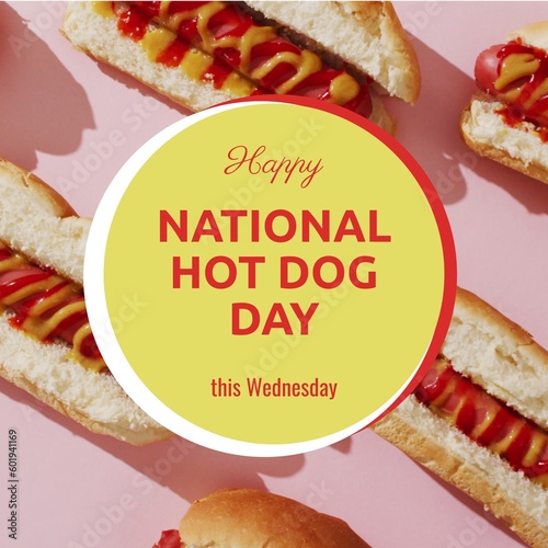 Composite of happy national hot dog day, this wednesday text in circle over hot dogs served on table