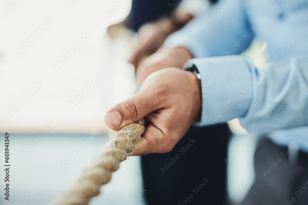 Hand, rope and tug of war, team building with business people and collaboration, competition and mockup space. Corporate conflict resolution, challenge and teamwork with employees in workplace - obrazy, fototapety, plakaty 