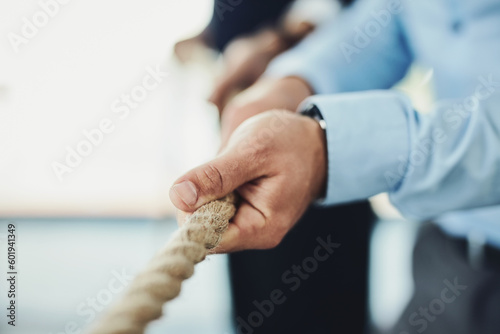 Hand, rope and tug of war, team building with business people and collaboration, competition and mockup space Fototapet