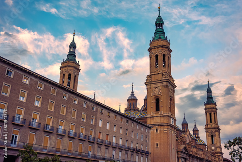 Basilica del Pilar, monumental cathedral at sunset in the tourist city of Zaragoza, Spain.