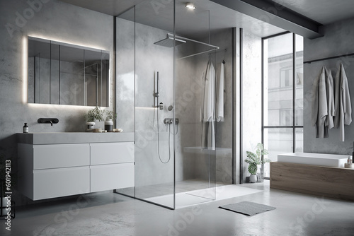 Modern bathroom  polished concrete wall  floor  white marble vanity counter  washbasin  shower with reeded glass partition and washing machine  for interior design with generative AI technology