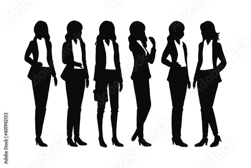 Anonymous girl model silhouette bundle on a white background. Modern businesswoman silhouette set vector wearing official dresses. Stylish women wearing suits and standing in different positions.