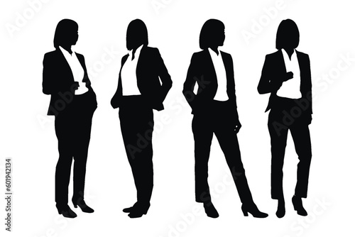 Creative woman employee and girl businessman silhouette set vector. Modern businesswoman bundle with anonymous faces. Female employee silhouettes, wearing suits and standing in different positions.