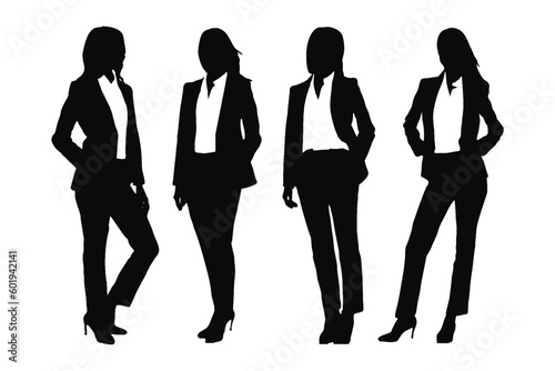 Anonymous businesswomen standing in different positions. Stylish female model silhouette set vector. Modern female models and employees wearing suits on a white background. Girl model silhouette.
