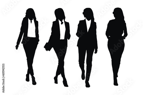 Stylish women silhouette wearing suits and standing in different positions. Anonymous girl model bundle wearing official dresses. Modern businesswoman silhouette collection on a white background.