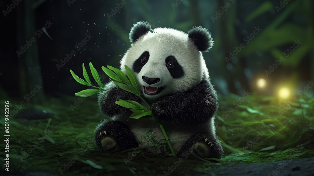 Obraz premium cute panda eating bamboo tree, amazon jungle. Generative AI