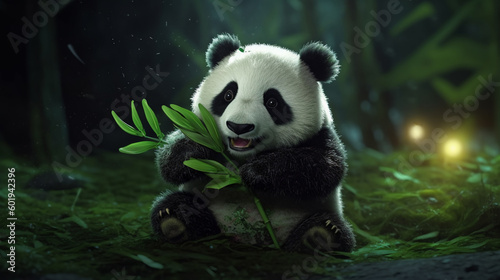 cute panda eating bamboo tree, amazon jungle. Generative AI