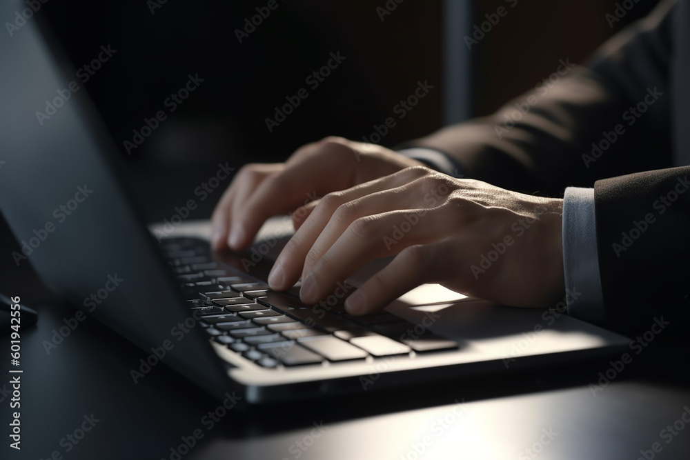Business man hand typing ob laptop computer keyboard on office desk with generative AI technology Business man hand typing ob laptop computer keyboard on office desk with generative AI technology