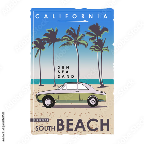 California south beach , sun, sea, sand, Retro summer beach design for apparel and others. California Santa Monica beach t-shirt design. Beach vibes artwork