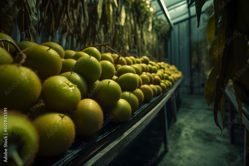 Kiwi picking season. Kiwi on a kiwi tree plantation greenhouse with