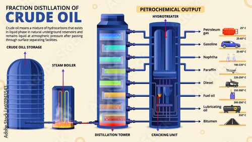 Refining Crude Oil The Process of Fractional Distillation vector infographics design