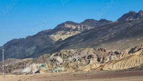Scenic view of colorful geology of multi hued Amargosa Chaos rock formations in Death Valley National Park, Furnace Creek, California, USA. Barren desert landscape of Artist Palette in Black mountains