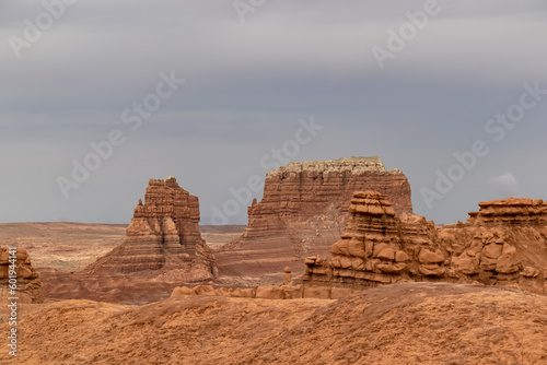 Panoramic view on Mollys Castle in Goblin Valley State Park  Utah  USA  America. Unique eroded Hoodoo Estrada sandstone rock formations. Red rock pinnacles geological feature in San Rafael Swell
