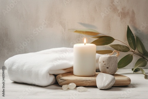  a white towel sitting on top of a table next to a candle  a picture  white studio background  stone  cedar  spanish  wallpaper. Generative ai