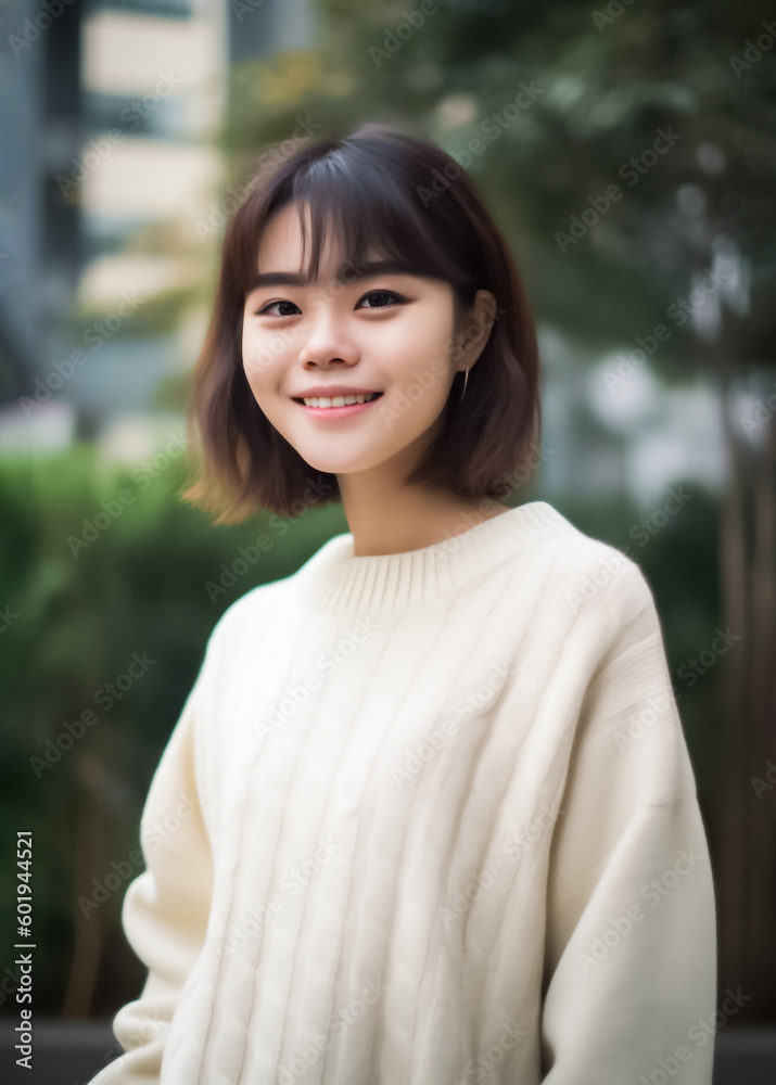 A portrait of a young woman in a cream colored sweater standing in front of a neutral colored background, with a relaxed and content expression on her face. generative AI. A portrait of a young woman in a cream colored sweater standing in front of a neutral colored background, with a relaxed and content expression on her face. generative AI.