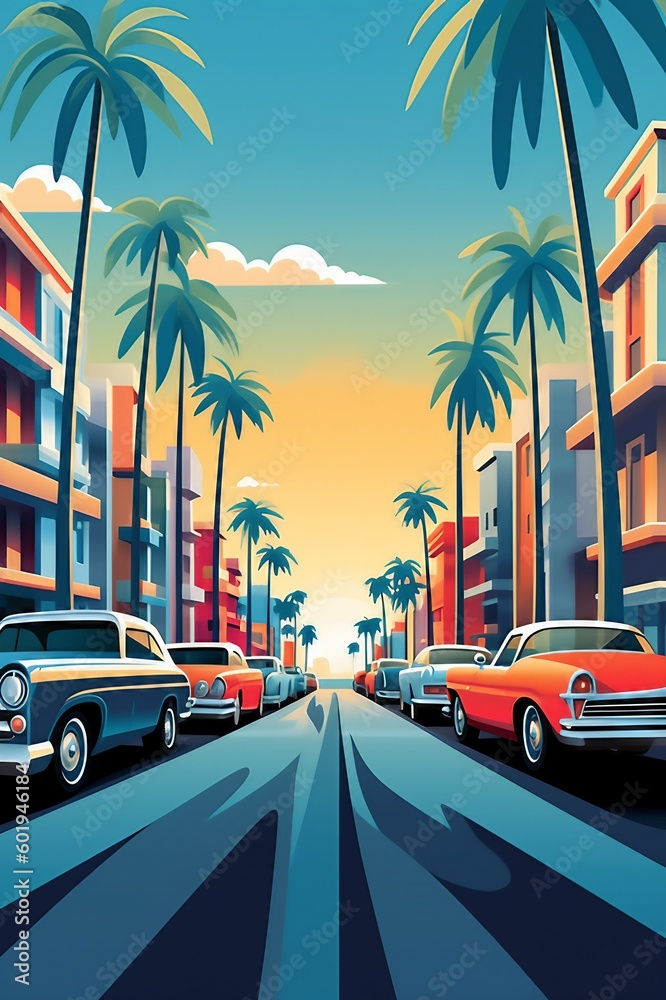 Retrofuturistic Reverie: Abstract 1980's Car Cityscape with Beach Palms