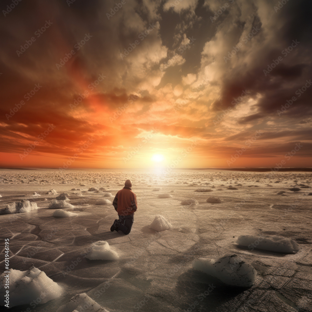 Climate Change Crisis: Man Witnessing the Glacier Landscape at Sunset - Photo Art Created with Generative AI and Other Techniques