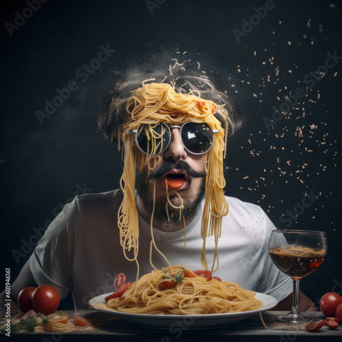 Quirky Man with Sunglasses and Pasta Mishap Created with Generative AI and Other Techniques