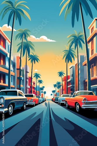 Retrofuturistic Reverie: Abstract 1980's Car Cityscape with Beach Palms © Paul