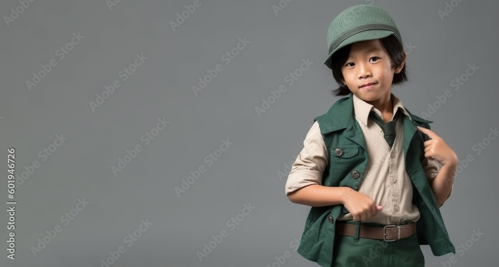 a smiling boy child wearing detective's clothes with glassess and magnifiying glass in solid soft background generative ai a smiling boy child wearing detective's clothes with glassess and magnifiying glass in solid soft background generative ai