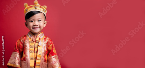 a smiling boy child dressed as a king's soft solid background generative ai