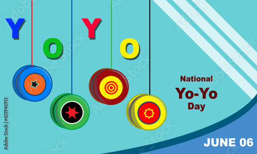 colorful yoyo game with colorful yoyo inscription on light blue background and bold text commemorating National Yo-Yo Day on June 6