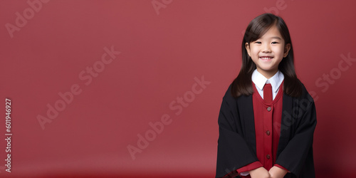 a smiling asian's girl child dressed as prosecutor's soft solid dark red black background generative ai photo