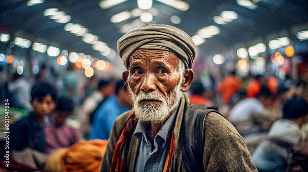 Wisdom Worn with Pride: Close-Up Portrait of an Elderly Wrinkled Traveler in Hat and Jacket amidst a Bustling Market
