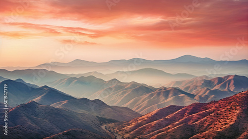 Dusk's Warm Embrace: A Panoramic View of a Mountain Range Bathed in the Glow of Twilight