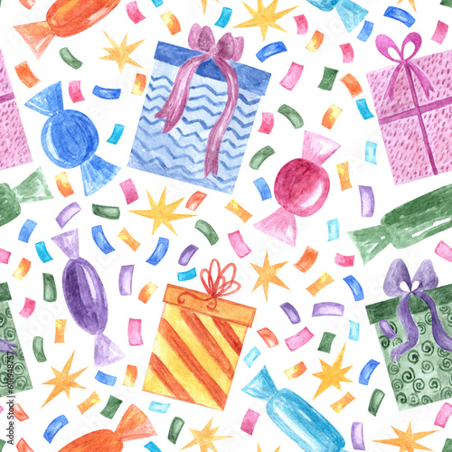 Hand painted seamless pattern with colorful party confetti  and gift present boxes as birthday,B-day, christmas, X-mas holiday celebrating background.