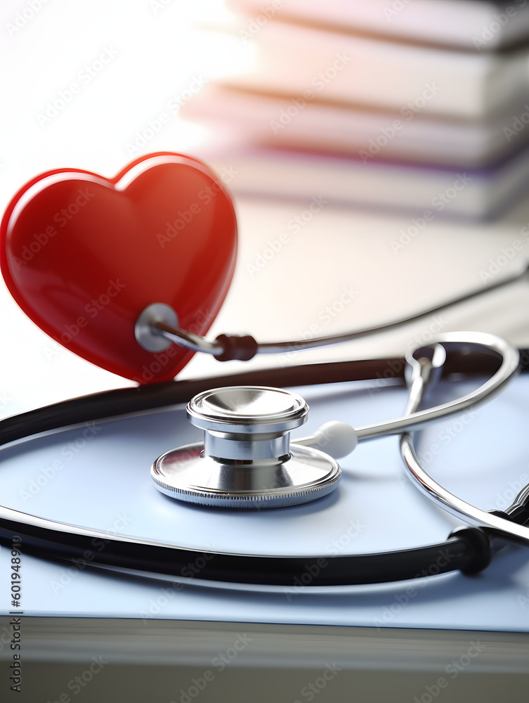 A red heart and stethoscope on the desk
