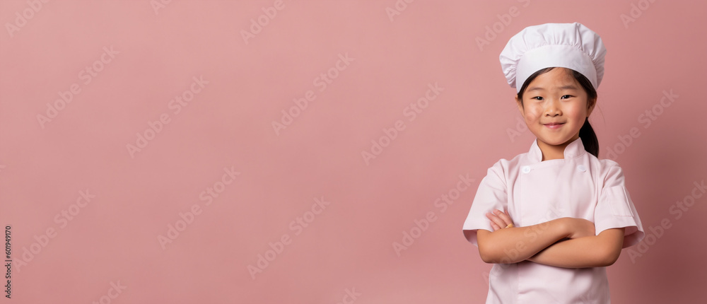 a smiling girl child dressed as a chef in soft solid dusty pink background a smiling girl child dressed as a chef in soft solid dusty pink background
