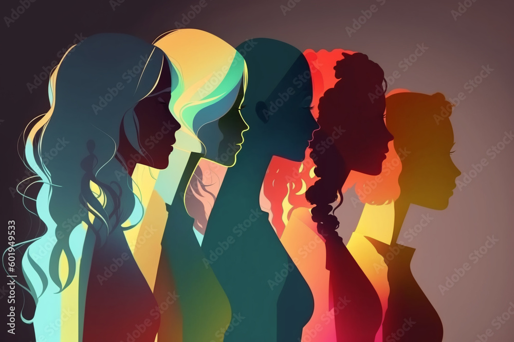 A group of beautiful women with different beauty, hair and skin color. The concept of women, femininity, diversity, independence and equality. Women different nationalities and cultures. A group of beautiful women with different beauty, hair and skin color. The concept of women, femininity, diversity, independence and equality. Women different nationalities and cultures.