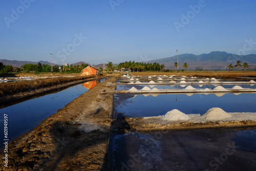 фотографія The process of crystallization of sea water into salt in the traditional way in Indonesia