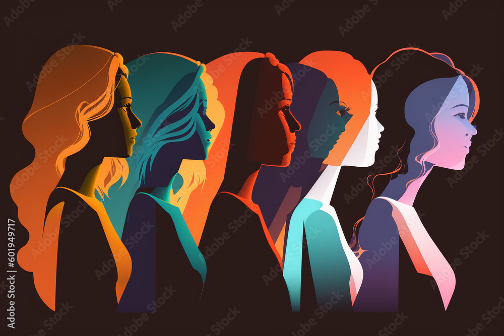 The struggle for rights, independence, equality. Five women of different nationalities and cultures standing together. Friendship poster, the union of feminists or sisterhood. Multiracial society. The struggle for rights, independence, equality. Five women of different nationalities and cultures standing together. Friendship poster, the union of feminists or sisterhood. Multiracial society.