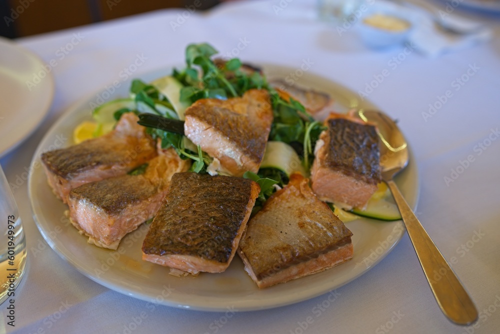 grill salmon in plate. grill salmon in plate.